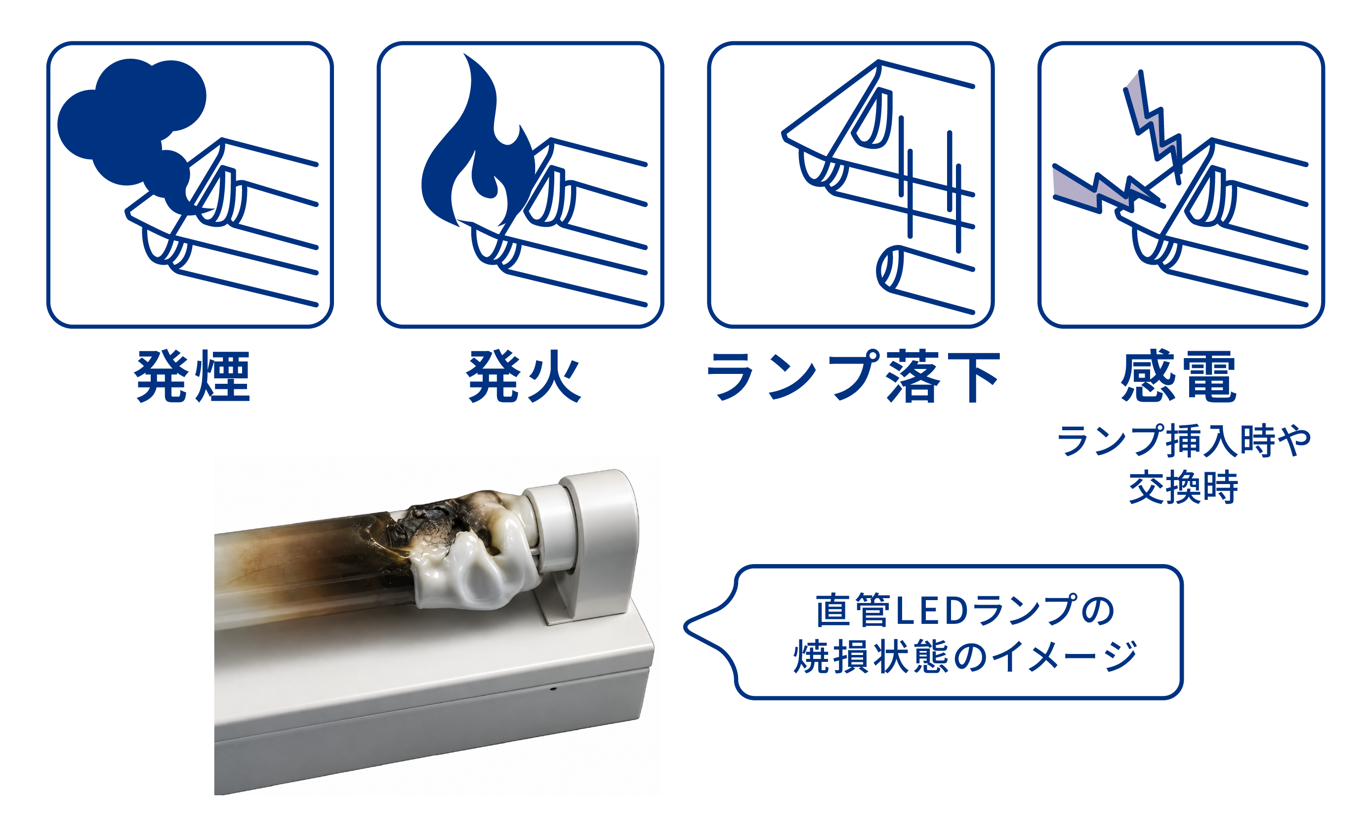 直管LEDランプの焼損状態のイメージ