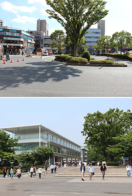 最寄り駅である東大宮駅前の風景（写真上） 東大宮駅が最寄り駅となる芝浦工業大学大宮キャンパス（写真下）
