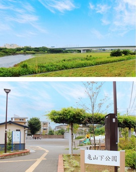 多摩川に架かる稲城大橋（写真上） 稲城駅近くにある亀山下公園（写真下）